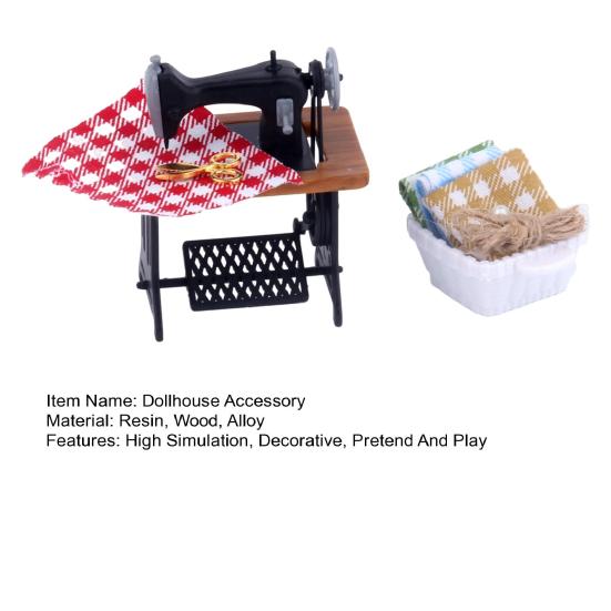 1:12 Miniatyr tre symaskinsett med trådsaks Tilbehør Dukkehusdekor Miniatyrmøbler Barneleker