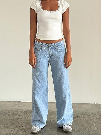 Fall Y2K Baggy Jeans for Women Trendy Low Rise Casual Vintage Straight Leg Boyfriend Jeans Denim Pants with Pocket Streetwear