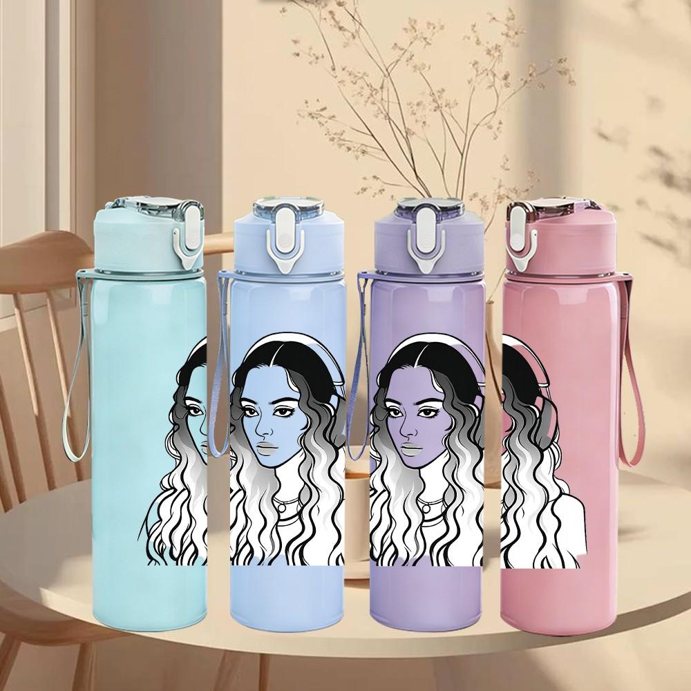 1PC Sketch Curly Hair Lady 750ml Color Plastic Sports Water Bottle Leakproof Flip Straw Lid Suitable for Sports Office Home Use