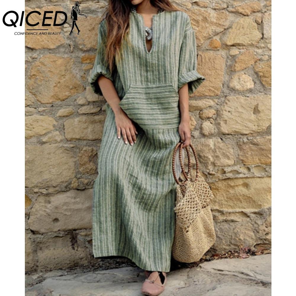 QICED S-5XL Damen Frühling Sommer Kleidung Übergröße Damen Baumwolle Leinen Locker Gestreift Langes Kleid mit Taschen