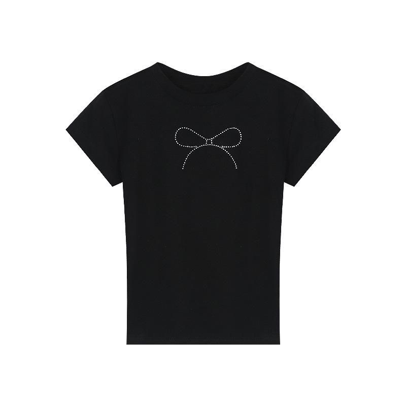 2024 Tricou crop top negru cu diamante cu bowknot pentru femei la modă