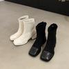 High Heels Ankle Boots Women Knitting Leather Shoes Fashion Square Toe Winter Shoes Woman 2024 Trend Pumps Chelsea Botas Mujer