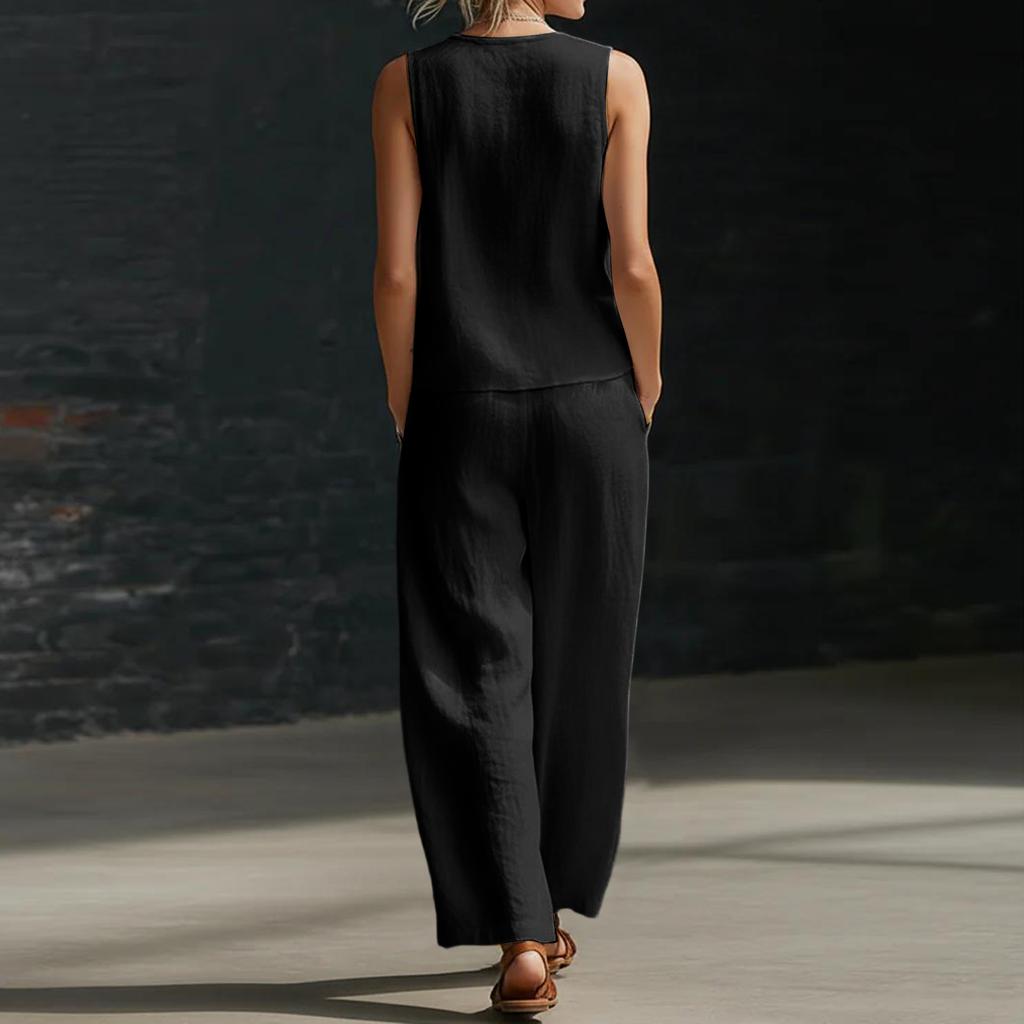 Women's Fashion Color Sleeveless V-neck Button Top With Elastic Waist Pocket Wide Leg Casual Pants Two Piece Set
