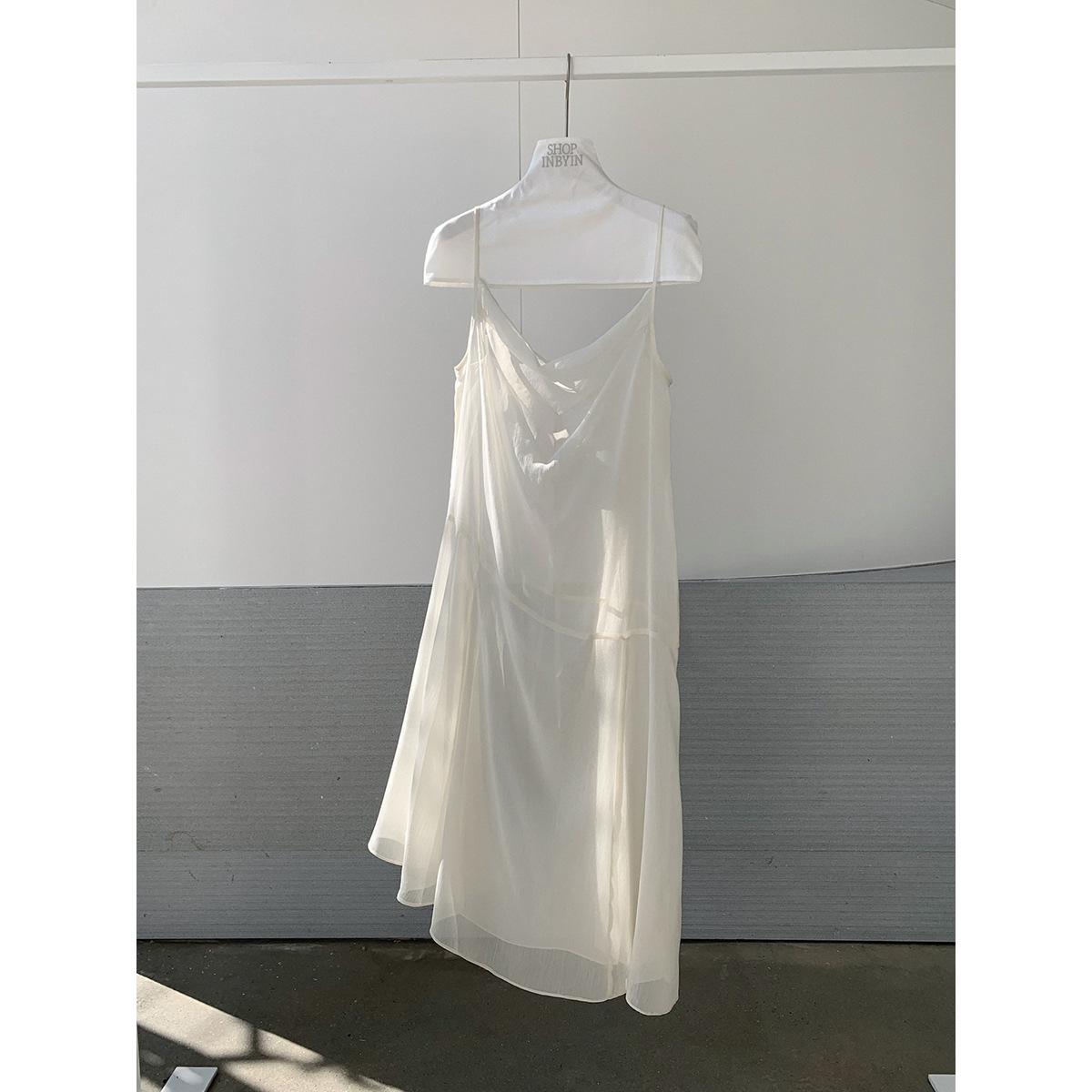Korean Style Layered Mesh Camisole Dress with Ruffle Sleeves One Size бежевый