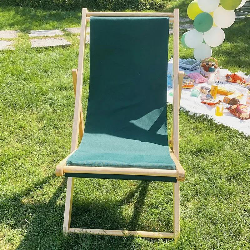 Outdoor Minimalist Beach Chair Modern Luxury Design Wooden Foldable Lounge Oxford Cloth Portable Comfortable Leisure Furniture