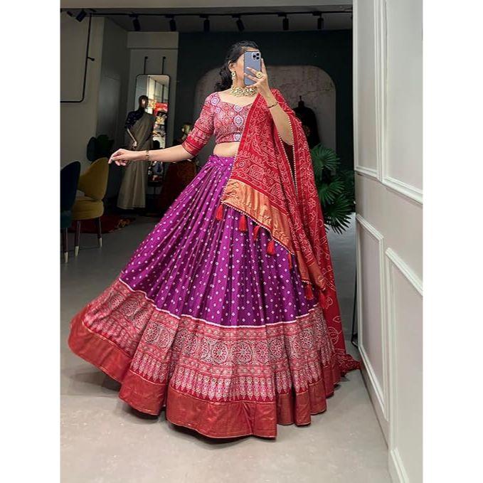 Kvinnes perfekt Kolleksjon Tussar Silke Lehenga Choli Patola Trykk med Foliearbeid ,Uferdig Bluse,