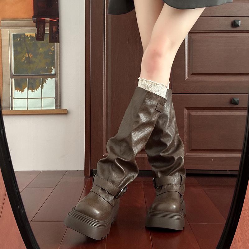 Retro Maillard Boots Women's 2025 Spring and Autumn New Fat Mm Thick Leg Pants Boots Small Height Increasing Knight Boots