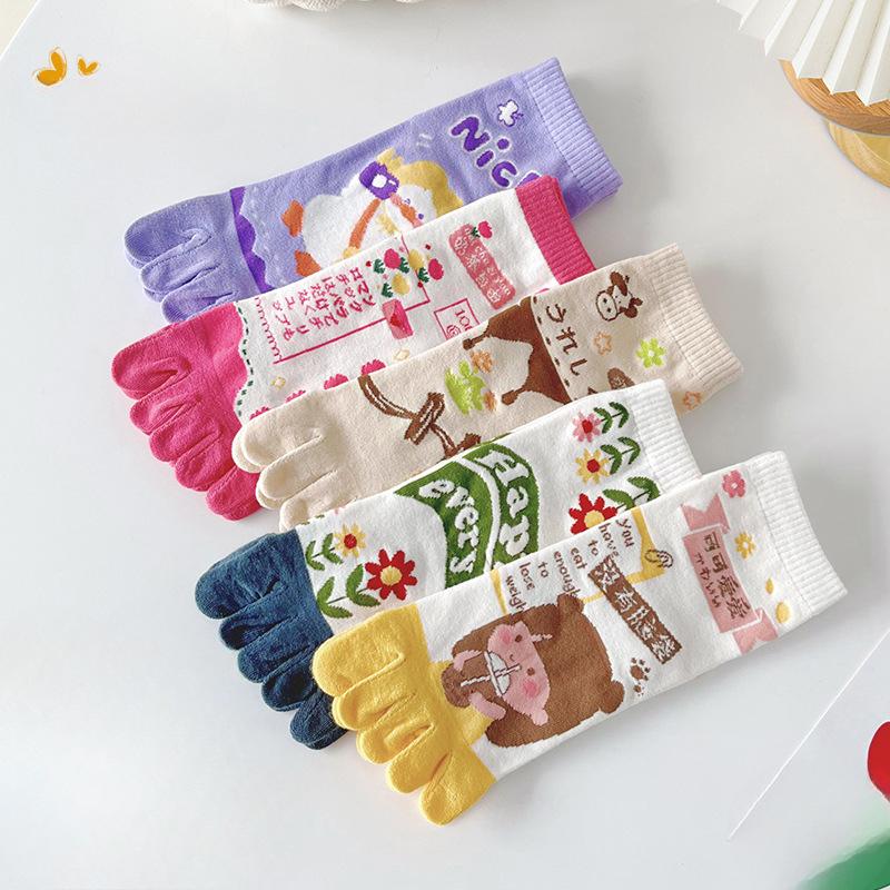 Zehensocken für Damen, Baumwollsocken für Frühling und Sommer, Cartoon und niedlich, Zehentrenner, Atmungsaktiv, Schweißabsorbierend, Anti-Fußpilz, Halbhohe Socken