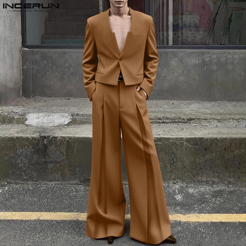 INCERUN Men Outfits Long Sleeve Cropped Tops and Long Pants Casual Party Sets