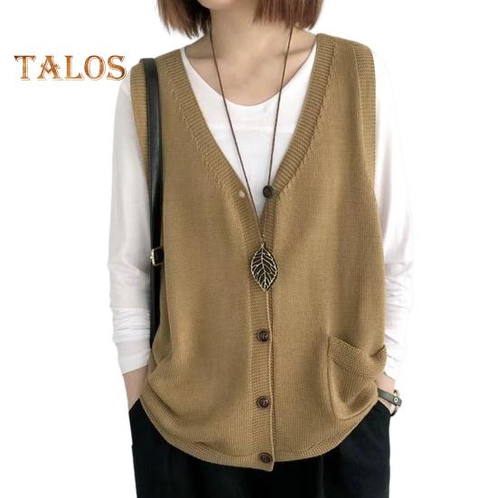 Damska kamizelka dziewiarska z dekoltem w serek, bez rękawów, jednorzędowa, ciepła, jednokolorowa, luźna, dzianinowa, bezrękawnik z kieszeniami