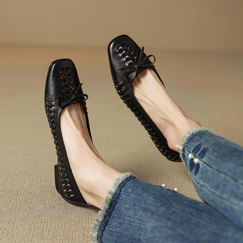 Fashion NEW Spring/Autumn Women Pumps Square Toe Low Heel Shoes Genuine Leather Shoes for Women Concise Bow-hnot Weave Slip-on Shoes