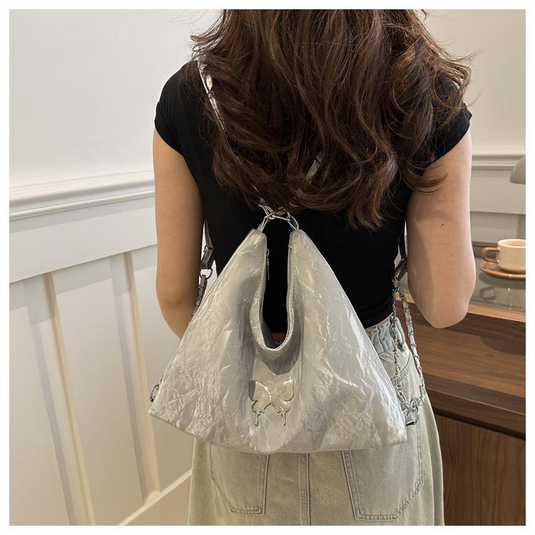 Women's Faux Leather Bucket Bag, Double Strap Butterfly Texture Shoulder Crossbody Purse, Soft Handbag with Phone Pocket