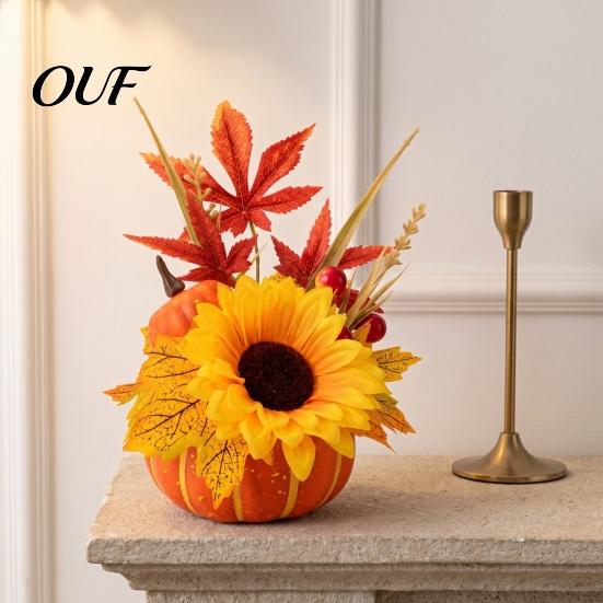 Decorative Harvest Festival Props Artificial Pumpkin Table Centerpiece with Sunflowers Maple Leaves And Pine Fall Centerpieces Cones, Halloween