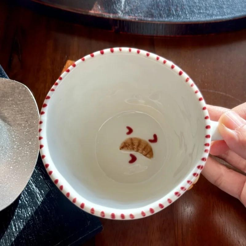 300ml Hand-drawn Ceramic Mugs Relief Coffee Cup Hand Pinched Irregular Bear Milk Tea Cup Letter Waffle Croissant Oatmeal Mug