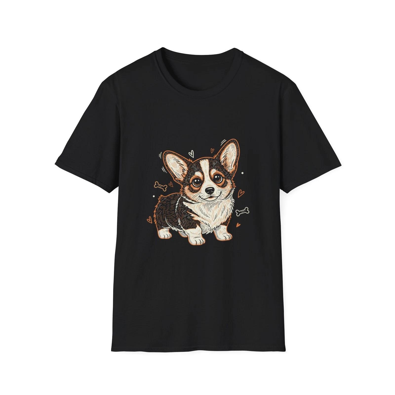 Dog Corgi Cute Kawaii Cartoon Illustrated Black Tee Graphic T-Shirt S