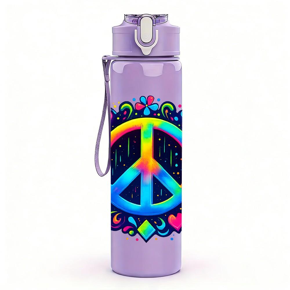 1PC Colorful Peace Sign Flower Wreath 750ml Color Plastic Sports Water Bottle Leakproof Flip Straw Lid Suitable for Sports Office Home Use