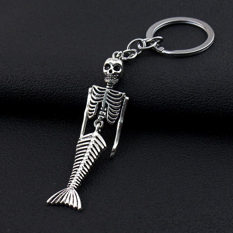 Halloween Gothic Skull Necklace Punk Skull Jewelry Mermaid Skull Fish Tail Pendant Punk Fashion Necklace Earring Keychain Gift