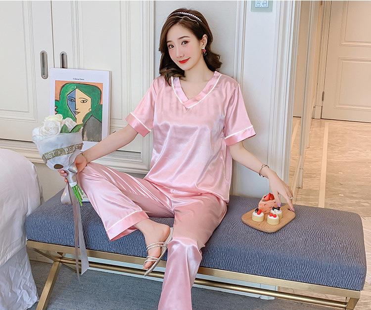 Women's Short Sleeve Faux Silk Ice Silk Pajama Set with Lapel - European Size