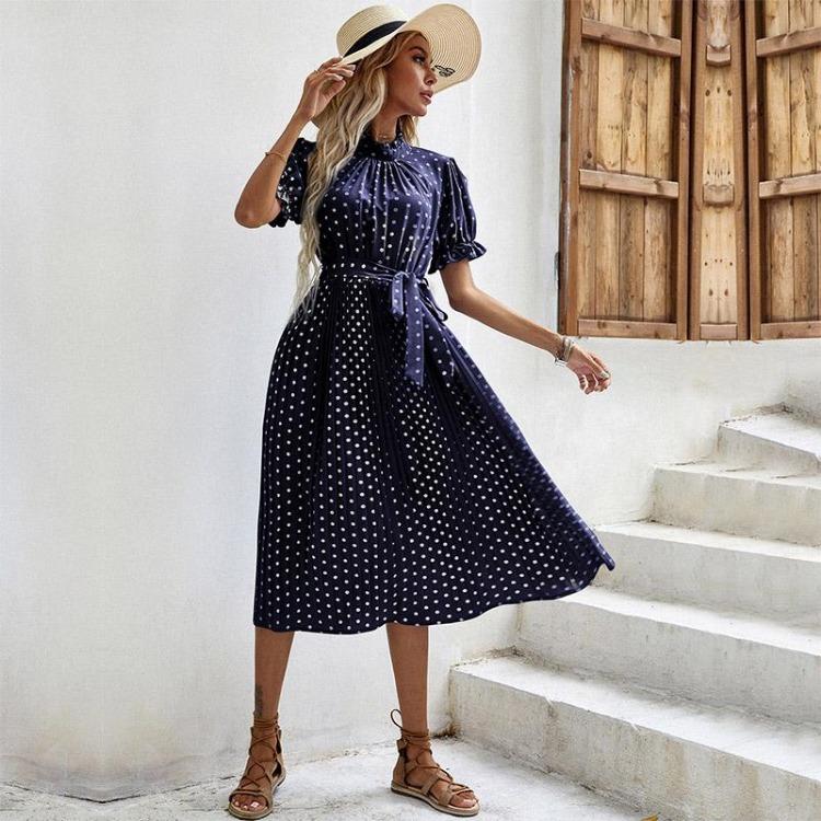 Women's Casual Crew Neck Polka Dot Printed Pleated Dress Short Long Sleeve Tie Spring Summer Mediumn