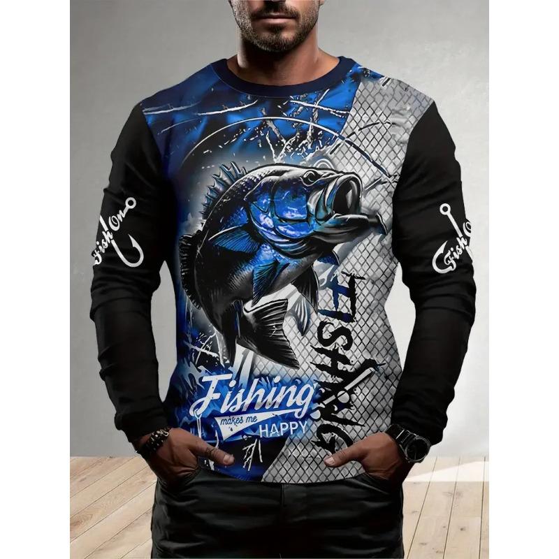 Outdoor fishing 3D fish print men's casual loose round neck long sleeved T-shirt