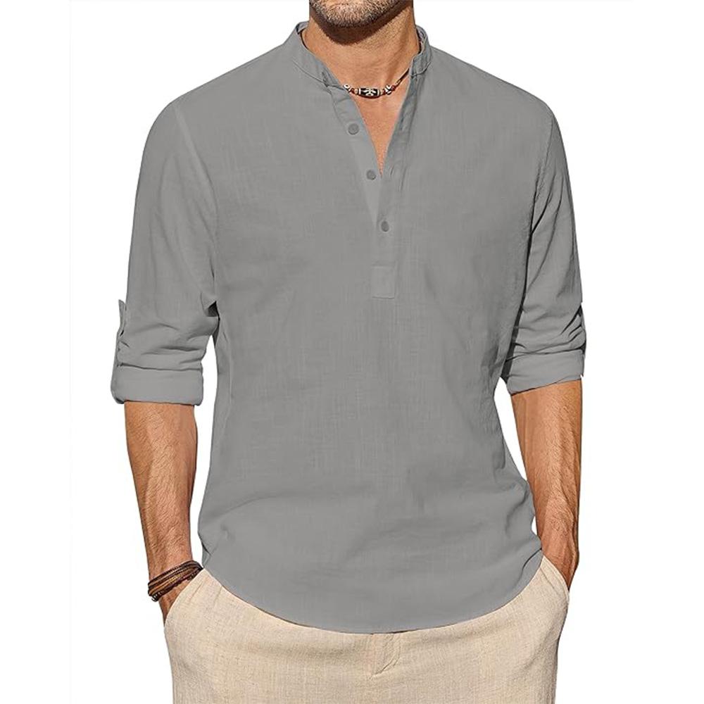 Cotton Linen Shirts for Men Casual Shirts Lightweight Long Sleeve Henley T Shirt Solid Color Long Sleeve Tops Roll Up