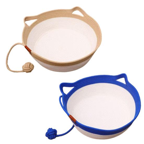 Cat Bed Basket Cotton Rope Woven Pet Bed Breathable Cat Ear Pet Sleeping Basket with Ball Toy for All Seasons Medium Large Cats
