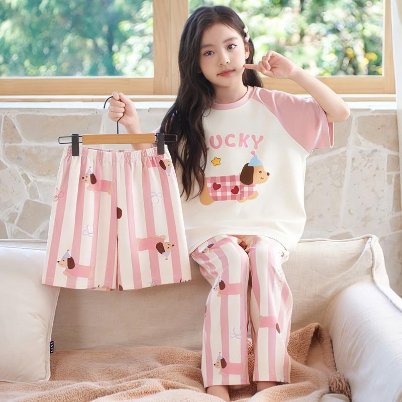 2026 Cotton Pajama Set Girls Short Sleeve Thin Sleepwear Sweet Cartoon Print Kids Home Outfit