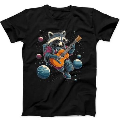 230 Gsm 100% Cotton Raccoon Playing Guitar In Space Best Seller Funny Gift Black Tee T Shirt B317