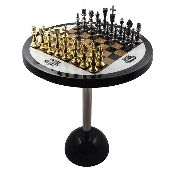 

53.34 Cm Tall Minimalist Brass Metal Luxury Chess Pieces, Board, And Table Set
