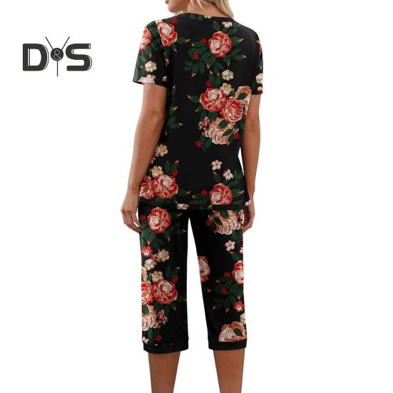 Pyjama d'été 2 pièces pour femme, imprimé floral, col en V, manches courtes, taille élastique, pantalon court, tenue décontractée, vêtements de nuit de printemps