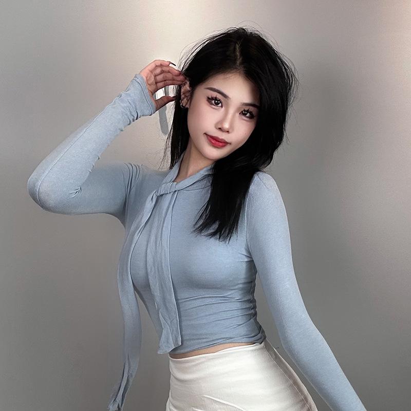 Korean Sexy Feminine Slim-Fit High-Neck Long-Sleeve Top for Women