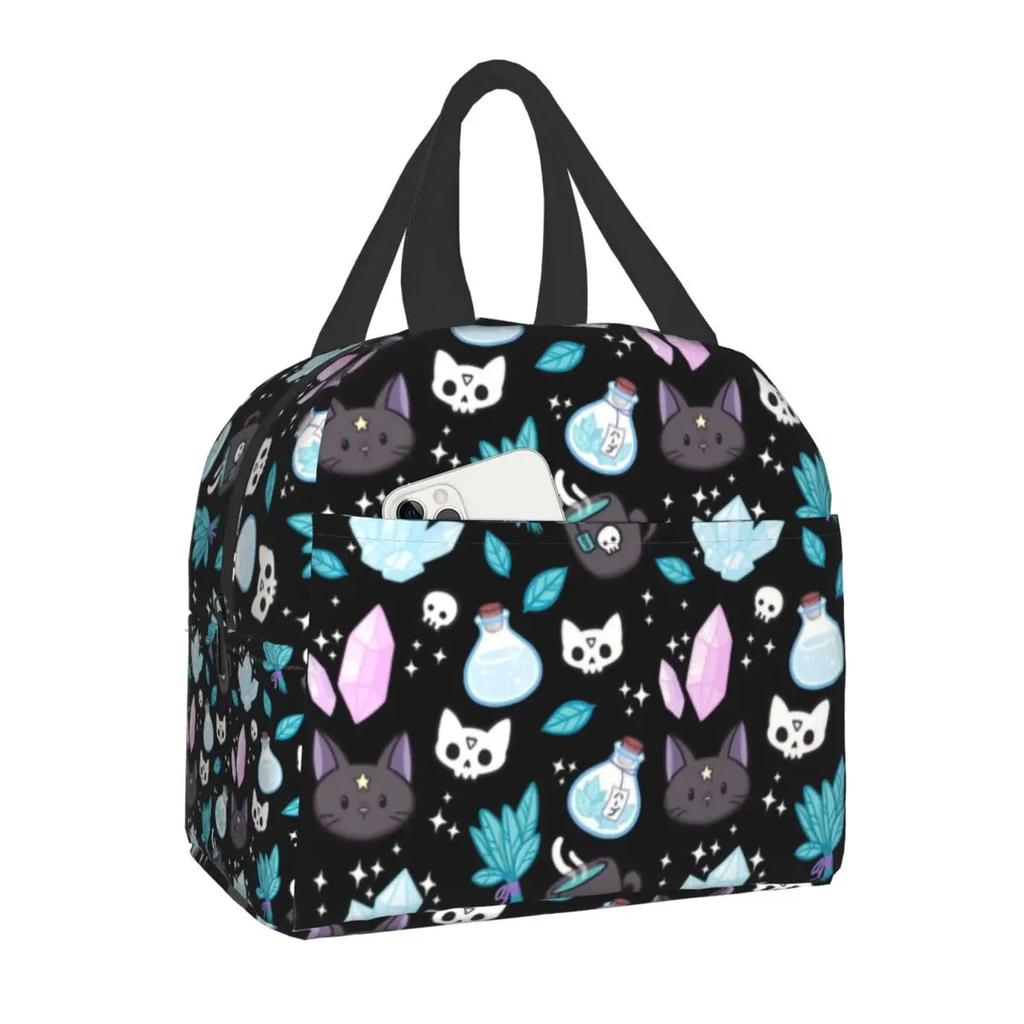 Lunchtasche für Arbeit Schule Halloween Katze Totenkopf Wasserdichte Kühltasche Thermische Lunchbox Frauen Kinder Picknicktaschen