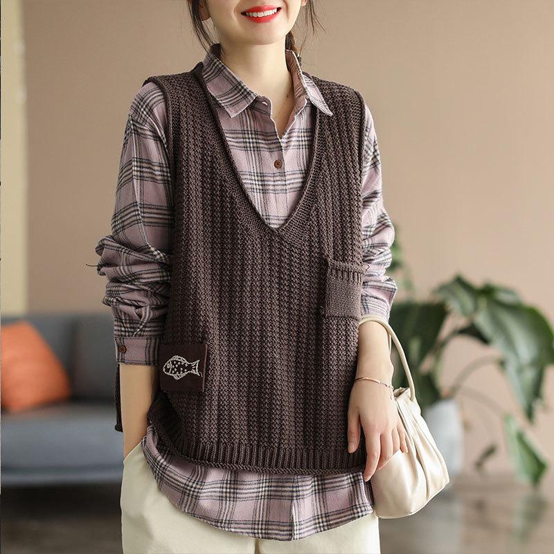 Retro V-Neck Knit Vest for Women - Spring/Autumn Casual