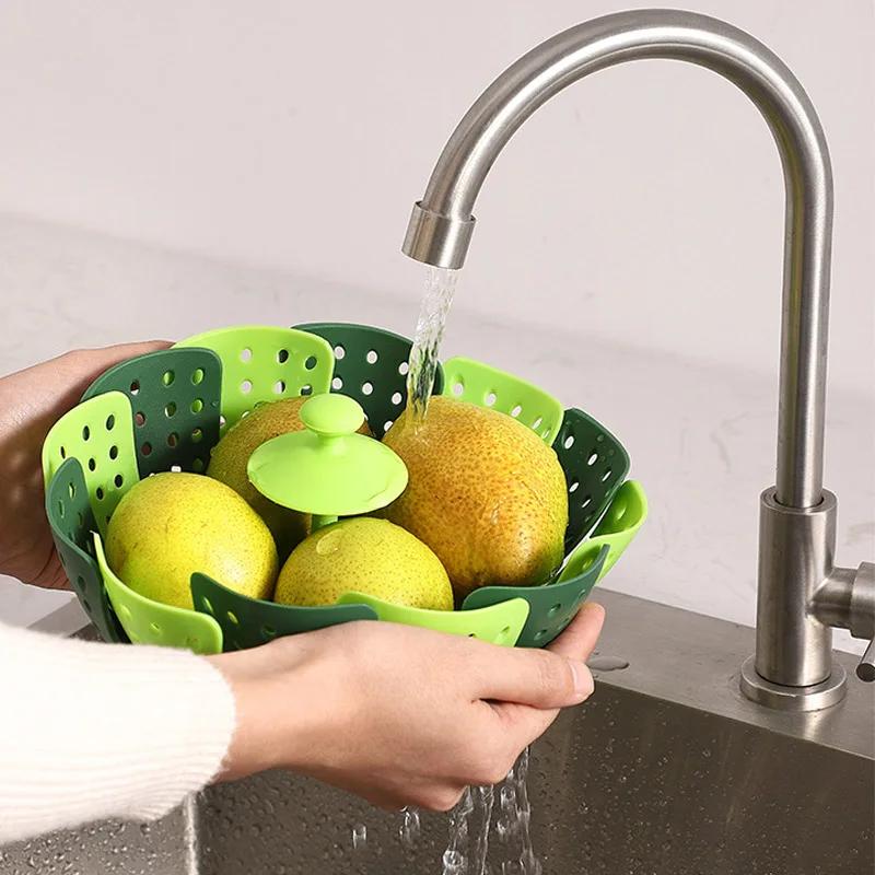 1pc Folding Food Steamer Vegetable and Fruit Food Basket Mesh Silicone Steamer Rack Cooking Utensils Steam Kitchen Accessories