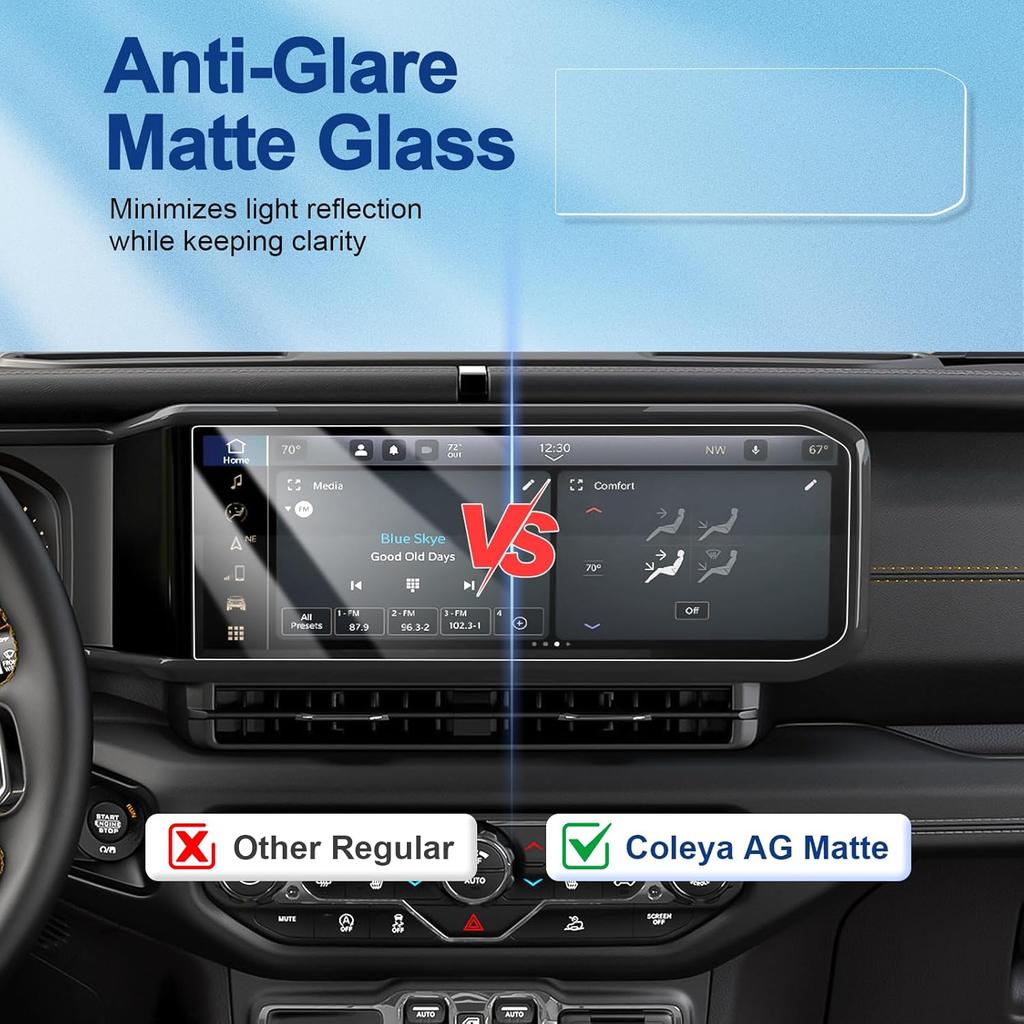 Anti-Glare Matte Screen Protector for 2024 2025 Jeep Wrangler (Sport/Willys/Sahara/Rubicon/High Altitude/Rubicon 392) 12.3In Touchscreen, 9H Tempered