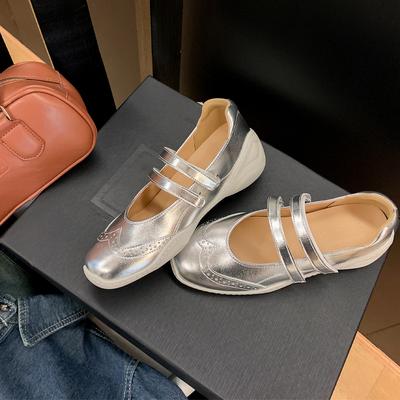 Small Inner Height Increase Silver Mary Jane Single Shoes Women's Spring New Casual Sports Flat Ballet Shoes