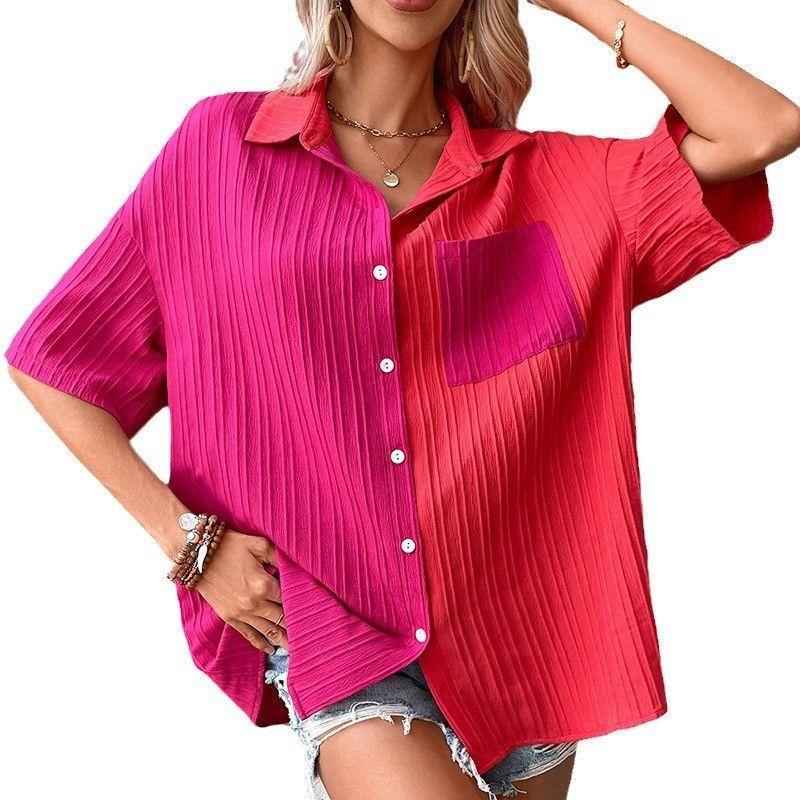 

Cross-Border Foreign Trade Fashion 2024 Summer Casual Button Lapel Shirt Patchwork Short-Sleeved Casual Top Casual Top Blouses Image color XL