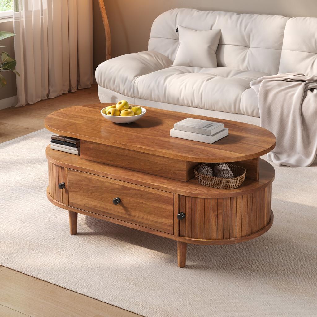 Ovaler Couchtisch mit hochklappbarer Tischplatte, MDF, Versteckter Stauraum, Zwei offene Regale, Große Schublade + Zwei Schiebetüren, Runde Griffe, Konische Gummibaumbeine