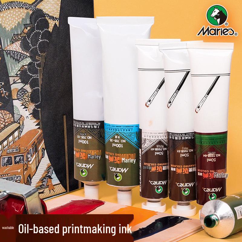 Mali Oil-Based & Water-Washable Printmaking Ink Set: 100ml Colored Ink & 50ml Engraving Pigment