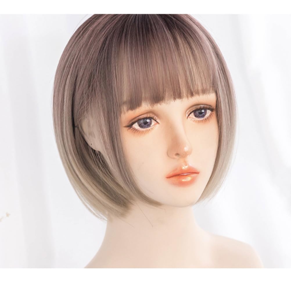 Eileen Bob Brown x Beige Parykk Naturlig Fluffy Parykk Rett Liten Ansiktseffekt Nett Inkludert Dame