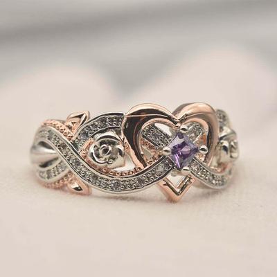 Sanjie Wish Rose Princess Diamond Zircon Ring, Two-Tone Rose Gold, European & American Love Design.