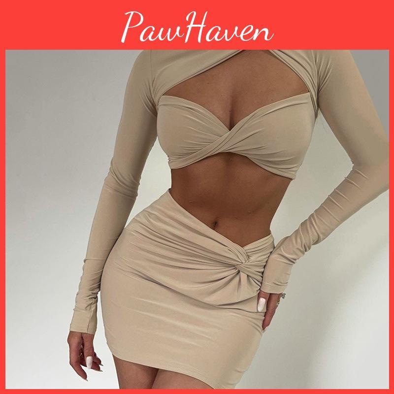 Cut Sleeve Out Long Sexy Skirts Suits Lady Outfits Matching Sets Women Twist Crop Top And Skirts 2 Piece Sets