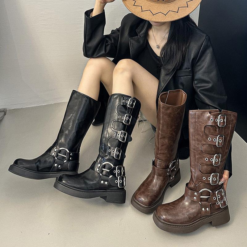 Long Boots Women's Fashion But Knee Western Cowboy Boots Thick Heel Retro Knight Boots Polished Punk Motorcycle Boots