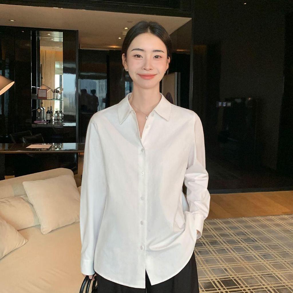 2026 Spring Women's Minimalist Light Blue Loose Long Sleeve Lapel Shirt