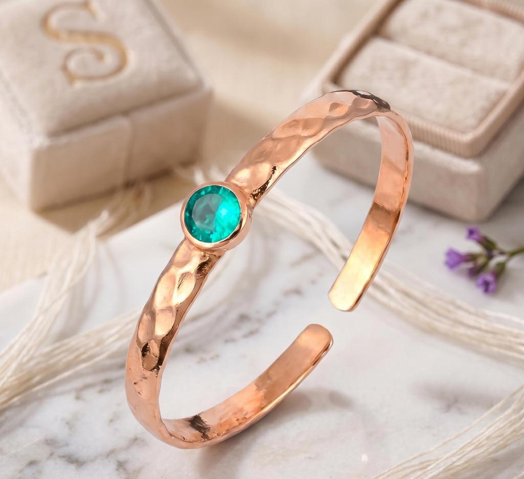 Handmade Hammered Copper Cuff Bangle with Round Green Quartz Gemstone  Adjustable Artisan Bracelet
