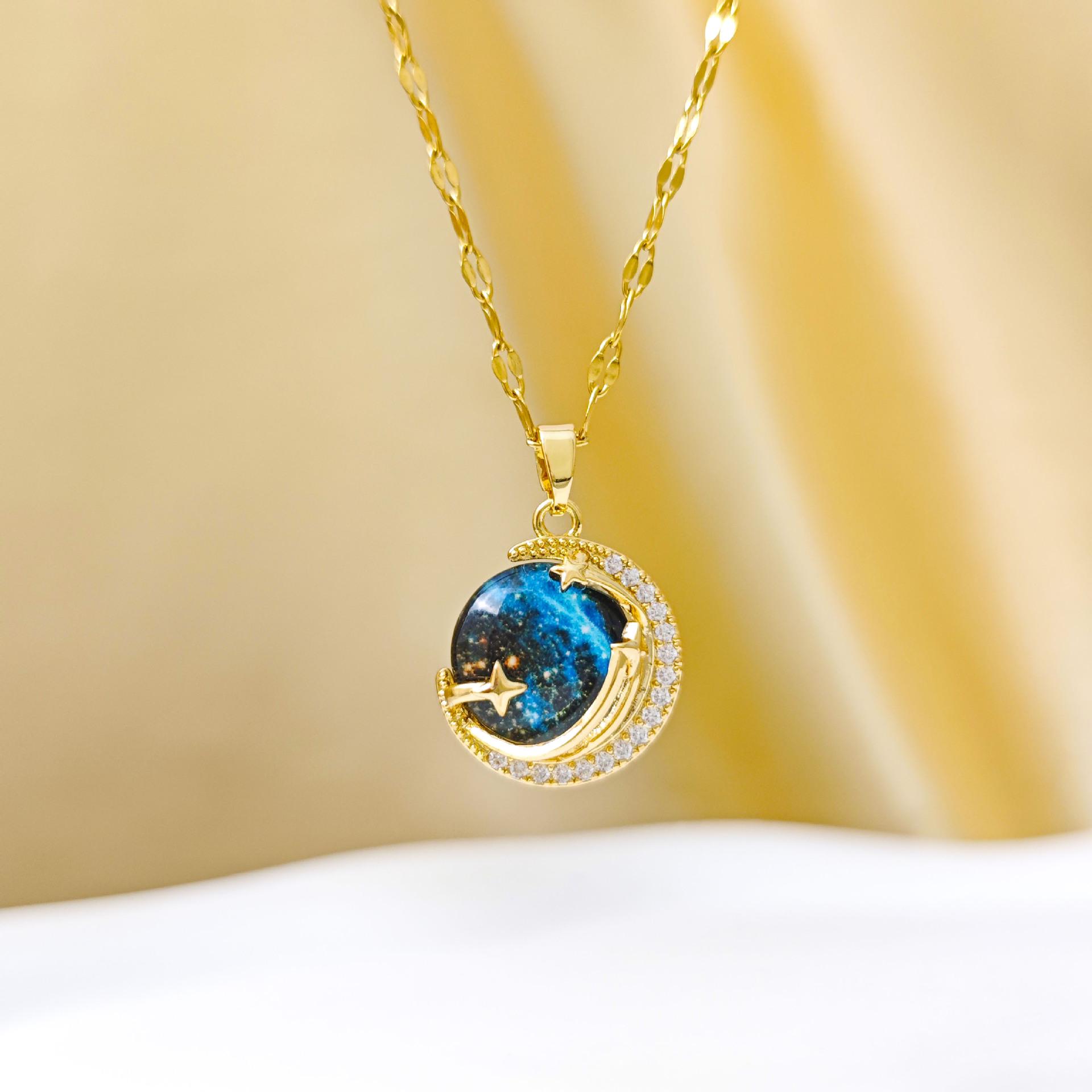 Starry Sky Planet Necklace: Elegant Diamond Titanium Steel Clavicle Chain for Women