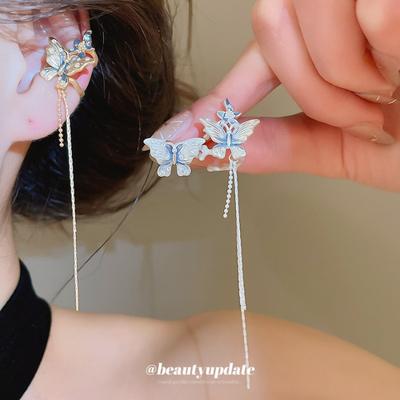 Fairy Butterfly Zircon Flower Asymmetrical Fringed Ear Clip Sweet Ear Bone Clip New Niche Design Earrings