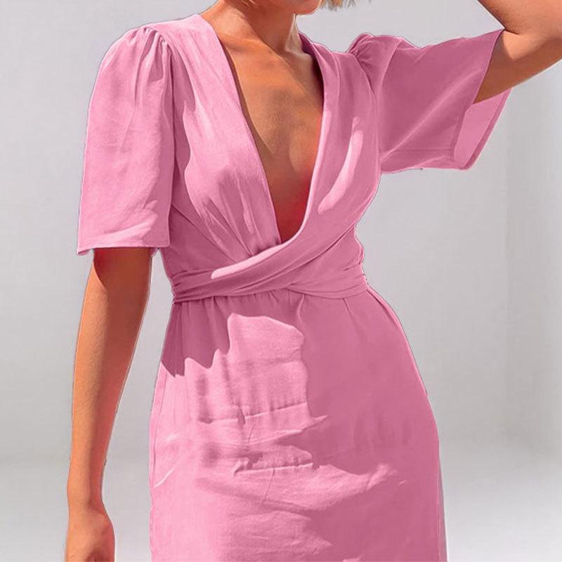 Spring New Women's Sexy Solid Color Temperament Long Skirt Deep V Cross Strapping Dress for Women