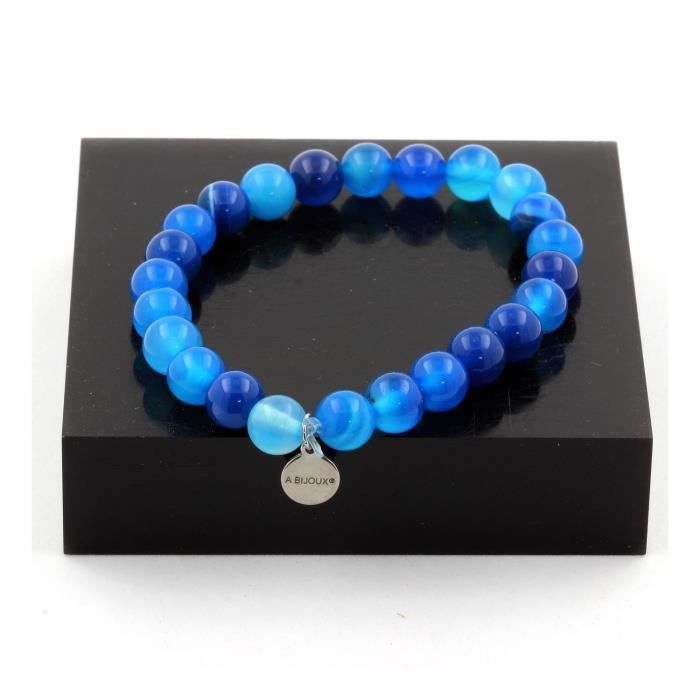 Bracelet - ABIJOUX - Agate rubanée bleu 8 mm - Longueur 19-20 cm - Mixte - Métal