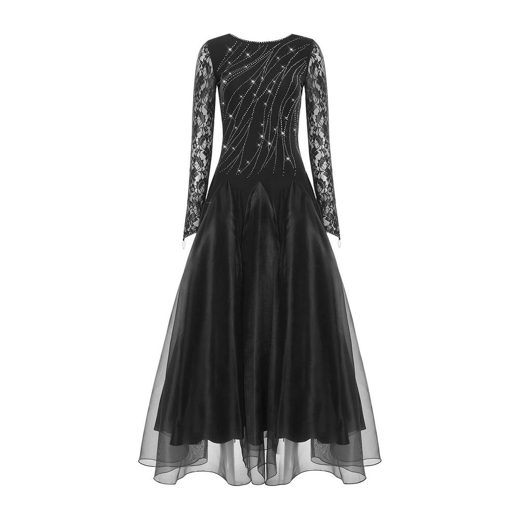 Dámský kostým na společenské tance, třpytivé kamínky, květinová krajka, dlouhé rukávy, V záda, široká rozšířená sukně